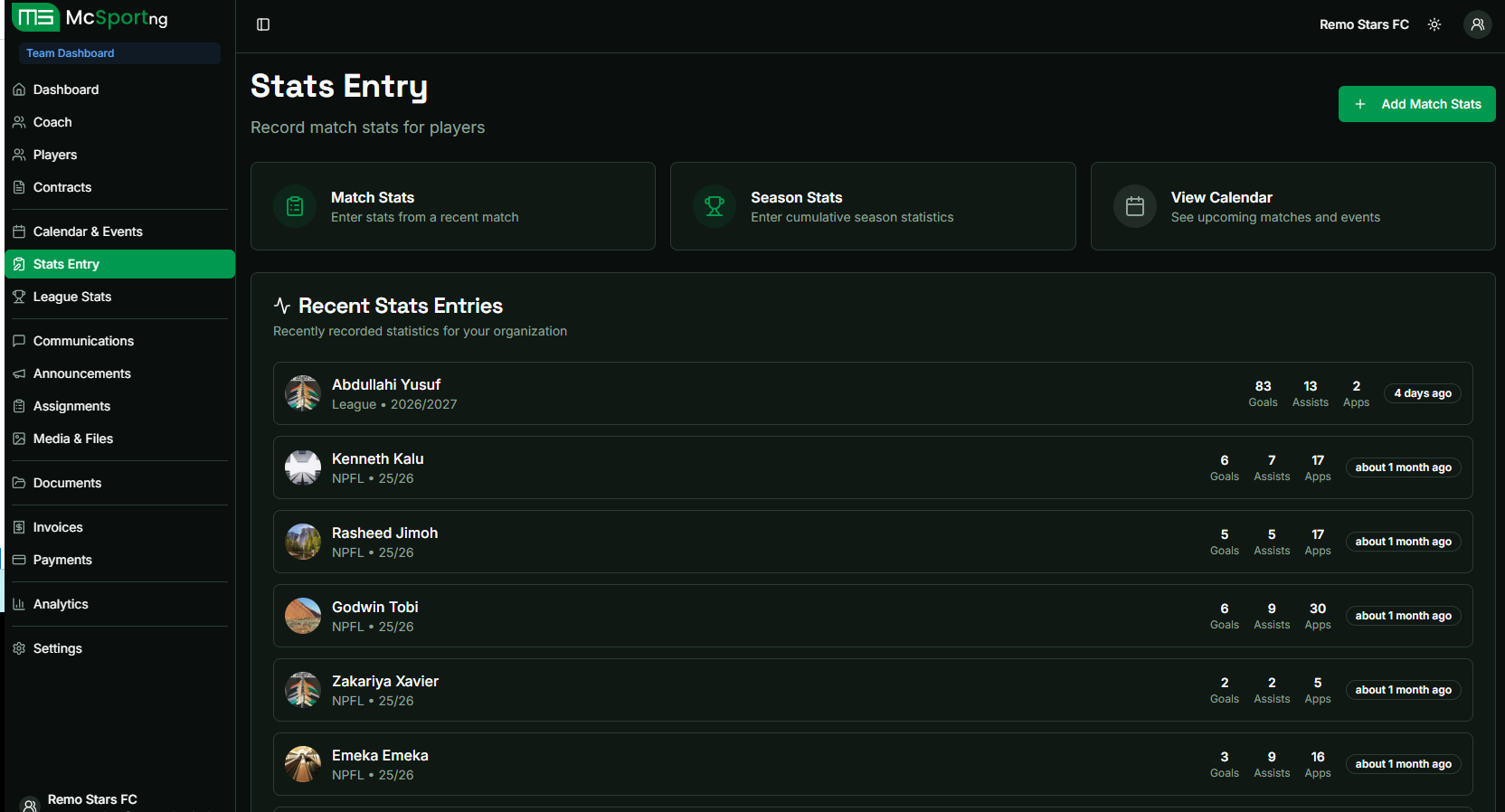 Team Stats Management